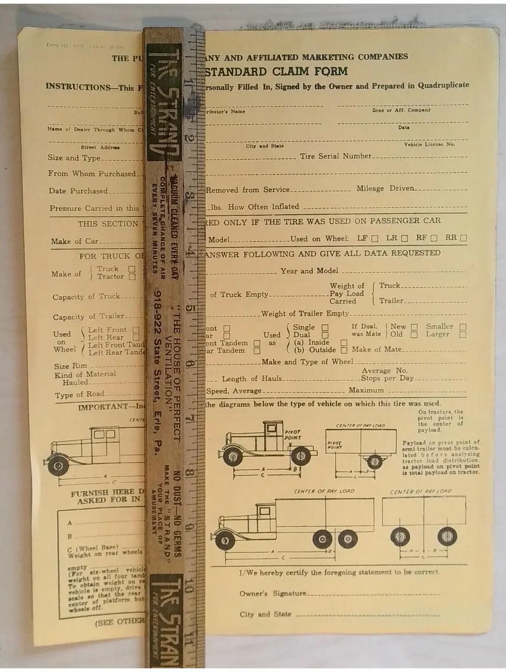 Vintage 1940s-50s Pure Oil Co. Yale Standard Tire Claim Form Ephemera Auto Paper